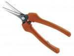 Orange-handled garden pruning shears with a metal spring and a safety latch, featuring short, narrow blades, positioned against a white background.