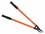 A pair of orange-handled garden loppers with black rubber grips and curved silver blades, used for pruning branches.