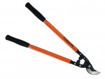 A pair of orange-handled loppers with black grips, used for cutting branches and pruning plants. The tool features curved, sharp blades and long handles for extra leverage.