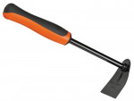 A garden hoe with an orange and black ergonomic handle and a metal blade, shown against a white background.