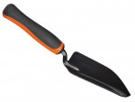 A black gardening trowel with an orange and black ergonomic handle, shown against a white background.