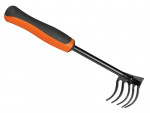 A hand garden rake with a black metal head featuring five curved prongs and an orange and black ergonomic handle, isolated on a white background.
