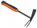 A gardening hand tool with an orange and black handle, featuring a flat blade on one side and a two-pronged fork on the other end of the metal head.