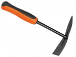 A hand garden hoe with an orange and black ergonomic handle and a metal blade angled for digging and cultivating soil.,