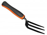 A black three-pronged garden fork with a black and orange ergonomic handle, shown on a white background.