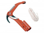 A red tree pruner head with a curved cutting blade, spring mechanism, and an attachment slot, shown next to a neatly coiled white rope.