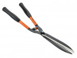 A pair of garden hedge shears with black handles and orange accents, featuring long, straight metal blades designed for trimming hedges and shrubs.