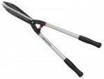 A pair of garden hedge shears with long silver handles, black grips, and sharp, curved blades designed for trimming bushes and hedges.