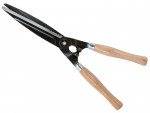 A pair of garden hedge shears with long black metal blades and light wooden handles, shown on a white background.