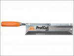 A Bahco ProfCut backsaw with a silver blade, rigid spine, and an orange handle, designed for precise woodworking cuts.