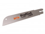 A Bahco ProfCut pullsaw blade with sharp teeth, silver in color, featuring brand and model information printed on its surface. The blade has a hole on one end and a notched slot on the other.