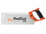 A Bahco ProfCut hand saw with a straight stainless steel blade, orange and black handle, and fine teeth, positioned on a white background.