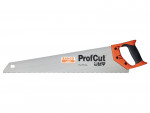 A Bahco ProfCut hand saw with an orange and black handle and a silver blade featuring fine teeth and branding text. The blade has a hole near the tip for hanging.,