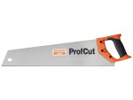 A hand saw with an orange and black handle, labeled BAHCO ProfCut Laminator, featuring a straight steel blade with fine teeth and a hole near the tip.