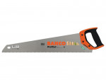 A Bahco ProfCut hand saw with an orange and black handle and a silver blade, designed for cutting wood. The blade features logos, product details, and a row of sharp teeth along the edge.