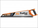 A Bahco ProfCut hand saw with an orange and black handle, silver blade, and printed product information on the blade, designed for cutting wood and other materials.