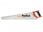 A Bahco ProfCut hand saw with an orange and black handle and a silver blade labeled PLASTER. The blade features measurement markings along its edge.,