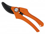 Orange-handled garden pruners with a black curved blade and a spring mechanism visible near the hinge.,