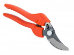 Orange-handled garden pruners with a curved silver blade and a visible spring at the pivot point, shown against a white background.