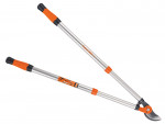 A pair of long-handled, silver and orange garden loppers with black grips, designed for cutting branches. The blades are open, and one handle shows a label with instructions or branding.