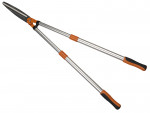 A pair of long-handled garden hedge shears with orange and black grips and silver metal handles, shown on a white background.
