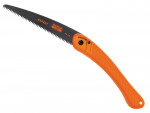 A folding hand saw with an orange handle and a black serrated blade labeled EXPERT BAHCO. The blade is partially open and attaches to the handle with a visible locking mechanism.,