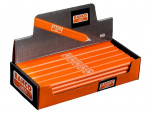 A box of orange Bahco carpenter pencils labeled HB, neatly arranged in a branded cardboard display with Bahco logos visible on the pencils and packaging.