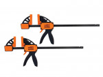 Two Bahco brand quick grip clamps with black handles and orange bodies are displayed side by side, positioned horizontally against a white background.