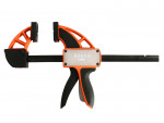 A black and orange Bahco quick grip clamp with a pistol-style handle and adjustable jaws, used for holding objects securely in place during woodworking or other tasks.