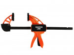 A black and orange Bahco quick-release bar clamp, featuring a trigger handle and adjustable jaws, designed for securing materials during woodworking or construction tasks.