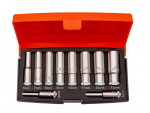 A set of nine silver socket wrenches arranged in a black foam tray inside an open orange plastic case. Each socket is labeled with its size, ranging from 5mm to 13mm.