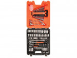 An open orange and black tool case displays a neatly organized set of wrenches, sockets, ratchets, screwdrivers, and other hand tools arranged in molded compartments.