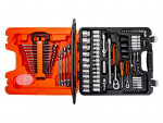 An open tool kit case showing organized wrenches, sockets, ratchets, screwdrivers, and other hand tools. The left side of the case is orange and holds wrenches, while the right side is black with various sockets and tool accessories.