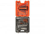 A toolset in an open plastic carrying case, showing neatly arranged wrenches, sockets, screwdrivers, pliers, and various hand tools, with an orange lid and black base.