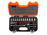 An orange and black Bahco socket set case, open to show various sockets, a ratchet wrench, extension bars, and a screwdriver handle, all neatly organized in their designated slots.