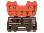 A set of socket wrenches and bits neatly organized in a black and orange hard plastic carrying case with metal clasps. The case is open, displaying two rows of tools.