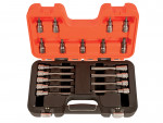 An open orange and black plastic case displaying a set of metal hex bit sockets, with eight bits in the lid and nine in the base, all organized in fitted slots.