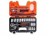 A black and orange plastic tool case open to reveal a socket wrench set with multiple sockets, a ratchet handle, extensions, and various accessories, neatly organized in molded slots.