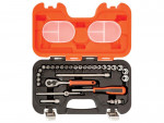 Open tool kit with an orange lid, containing a ratchet, screwdriver, extension bars, and multiple sockets, all neatly organized in fitted slots inside a black plastic case.