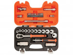 A socket wrench set in an open black and orange plastic case, showing a ratchet, sockets of various sizes, screwdriver bits, and other hand tools neatly organized in designated slots.