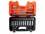 Open toolbox containing various socket wrenches, ratchets, and extensions, neatly organized in a black and orange plastic case.