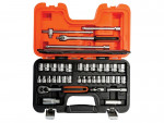 A socket wrench set in an open black and orange hard plastic case, displaying various socket heads, a ratchet wrench, extensions, and handles arranged neatly in designated slots.
