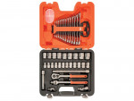 An open orange and black tool case containing a set of wrenches, ratchets, socket extensions, and various sockets, neatly organized in molded compartments.