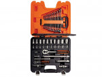 An open orange and black tool case displaying a neatly organized set of wrenches, sockets, and ratchets arranged in individual slots.