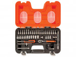 A socket and bit set in an open black and orange plastic case, containing various screwdriver bits, sockets, a ratchet wrench, extension bars, and hex keys, all neatly organized in individual slots.