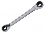 A double-ended ratcheting wrench with circular, gear-like sockets on each end, designed for tightening or loosening bolts. The metal tool is silver and has the brand Bahco engraved on the handle.