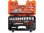 A toolkit with an orange and black case, containing various sockets, ratchets, extension bars, and bits, arranged neatly in molded compartments. The kit is open, displaying all tools clearly.