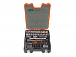 A black and orange Bahco-branded tool case is open, displaying a neatly organized socket wrench set with various sockets, wrenches, pliers, and extensions inside compartments.