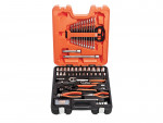 A black and orange tool kit case open to display various tools, including wrenches, screwdrivers, pliers, and sockets, neatly organized in designated slots.