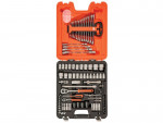 An open toolbox containing a variety of wrenches, sockets, ratchets, and other hand tools organized neatly in a molded orange and black case.